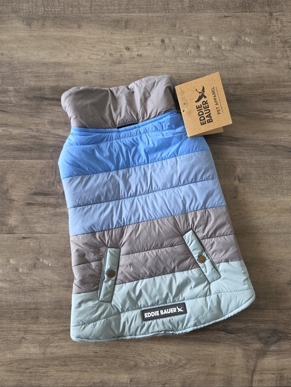 Eddie Bauer Flora Colorblock Puffer Dog Parka Jacket Medium NWT Grey / Blue